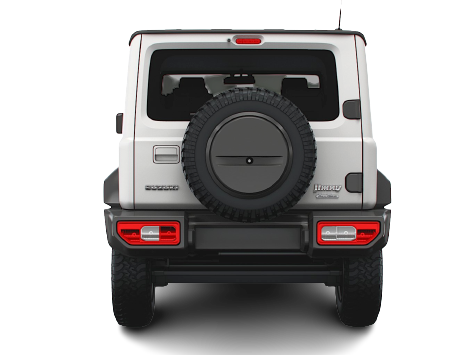 Image of a Suzuki Jimny jeep, viewed from the back, showcasing its rear design and tail lights.