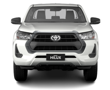 Afbeelding van een Toyota Hilux Low Deck, bekeken vanaf de voorkant, waarbij de geschiktheid van de auto voor de slechte wegen op Bonaire worden benadrukt.