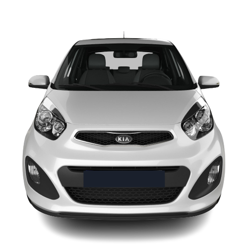 Image of a Kia Picanto, captured from the front, highlighting its distinctive grille and headlights.