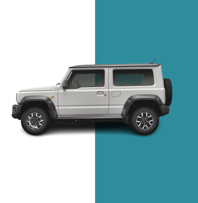 Hero image of a Suzuki Jimny Jeep in side view, introducing its specifications for potential renters.