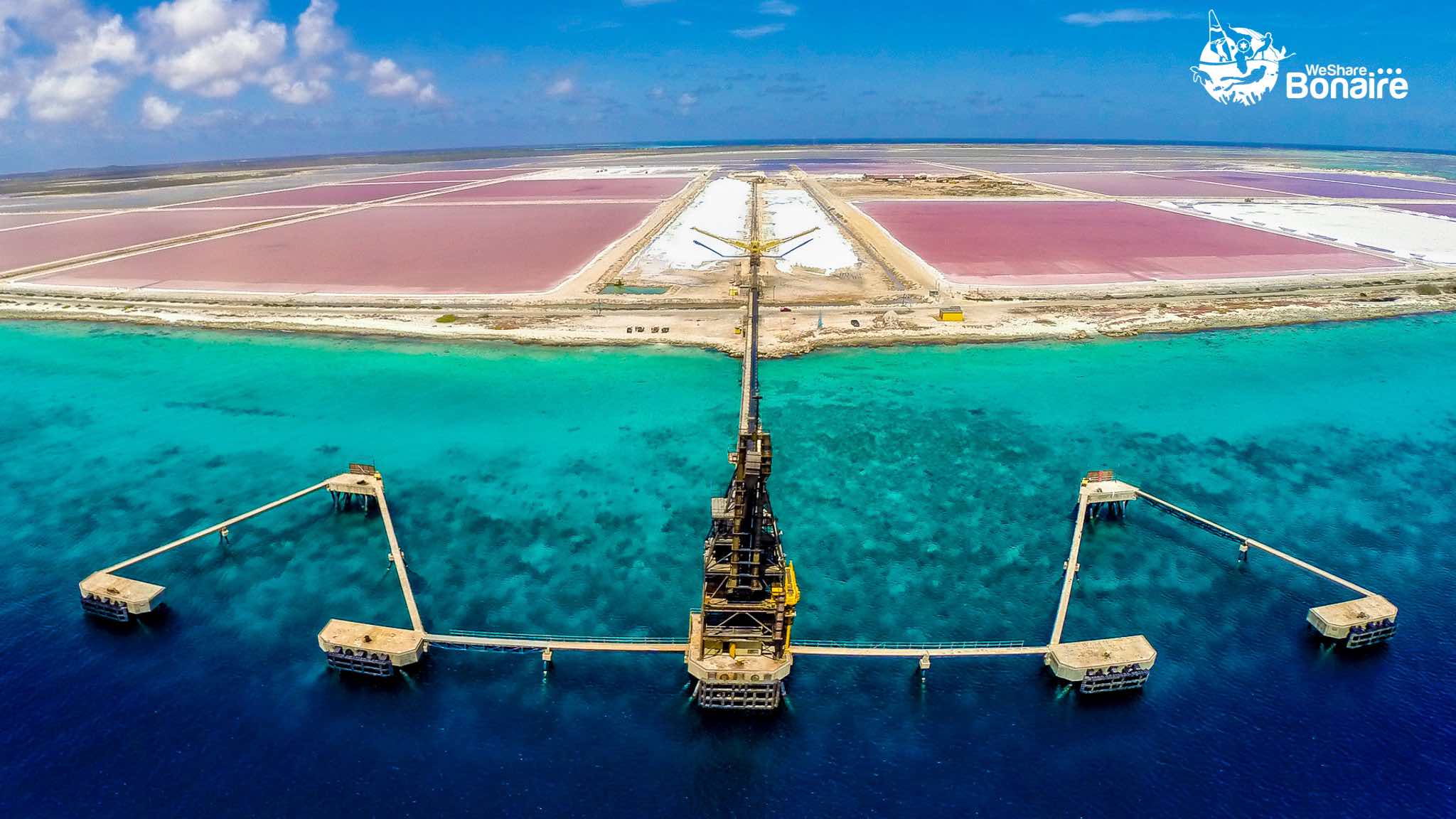 Drone image capturing the expansive view of the Salt Pier on Bonaire, showcasing its structure amidst the azure waters.