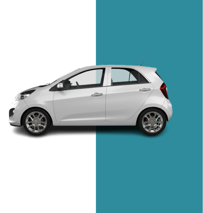 Mobile hero image of a Kia Picanto in side view, highlighting its specifications for potential renters.