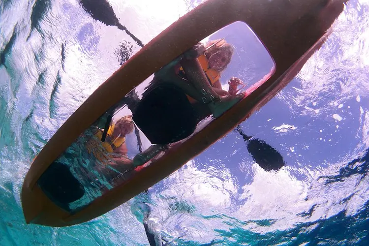 Mensen in een kajak, kijkend door de transparante bodem naar de fotograaf, die het unieke perspectief van de onderwaterpracht van Bonaire vastlegt. Doe mee aan de mangrovetour met onze partner en geniet van speciale kortingen op pick-up verhuur bij Pickup Huren Bonaire.