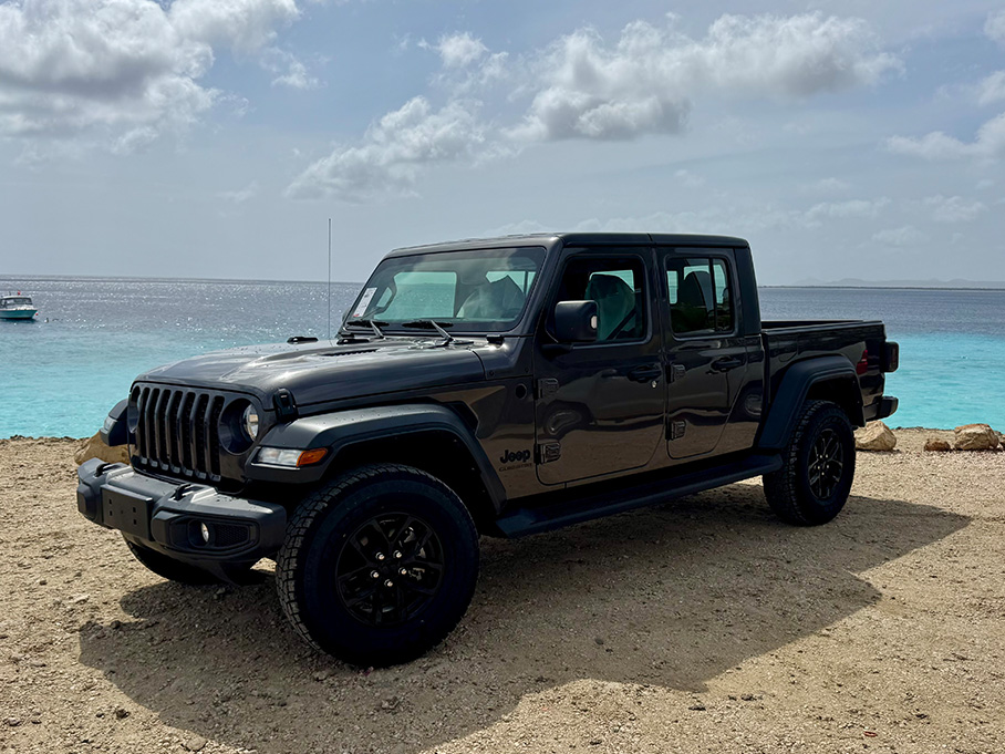 Ford Raptor from the Pickup Rental Bonaire fleet, prominently showcased against the backdrop of Bonaire's crystal blue waters.